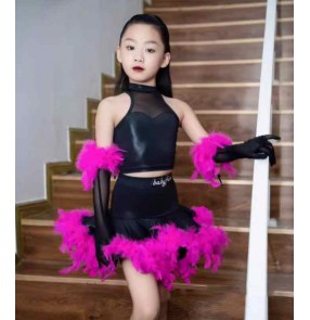 Girls pink feather latin dance dresses for kids children ballroom salsa rumba samba chacha performance latin costumes for Girl